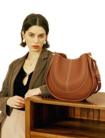 Women Ladies Handbag First Layer Cowhide Fashion One Shoulder Saddle Bag (Color: Brown)