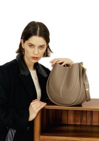 Women Ladies Handbag First Layer Cowhide Fashion One Shoulder Saddle Bag (Color: Grey)