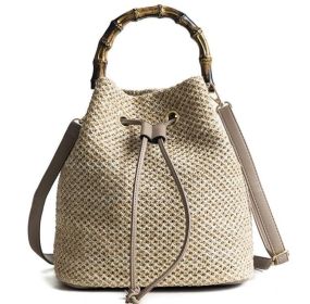 Drawstring Straw Backpack (Color: Brown)